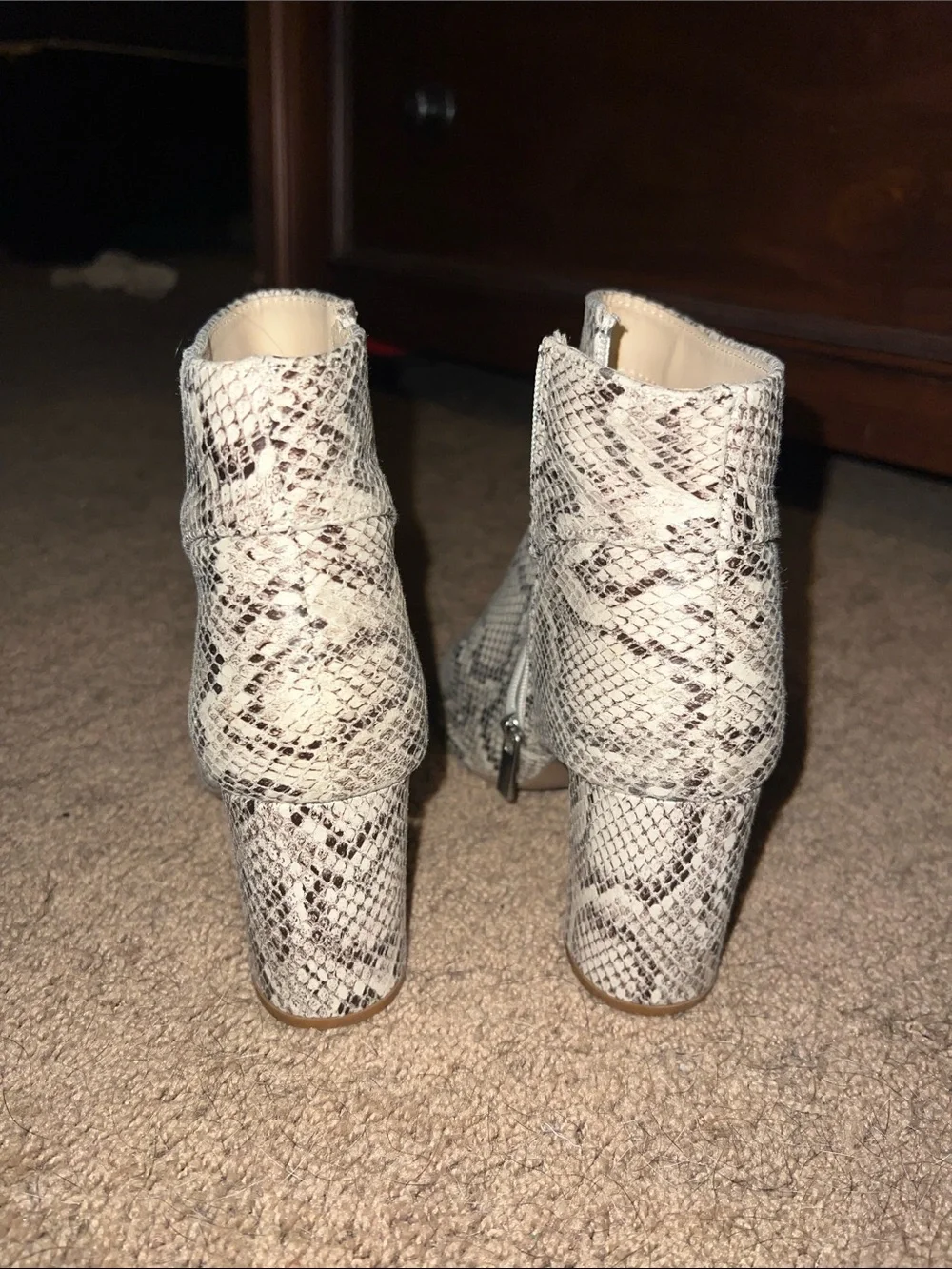 Qupid Snake-Print Pointed Ankle Boots in Cream and Brown